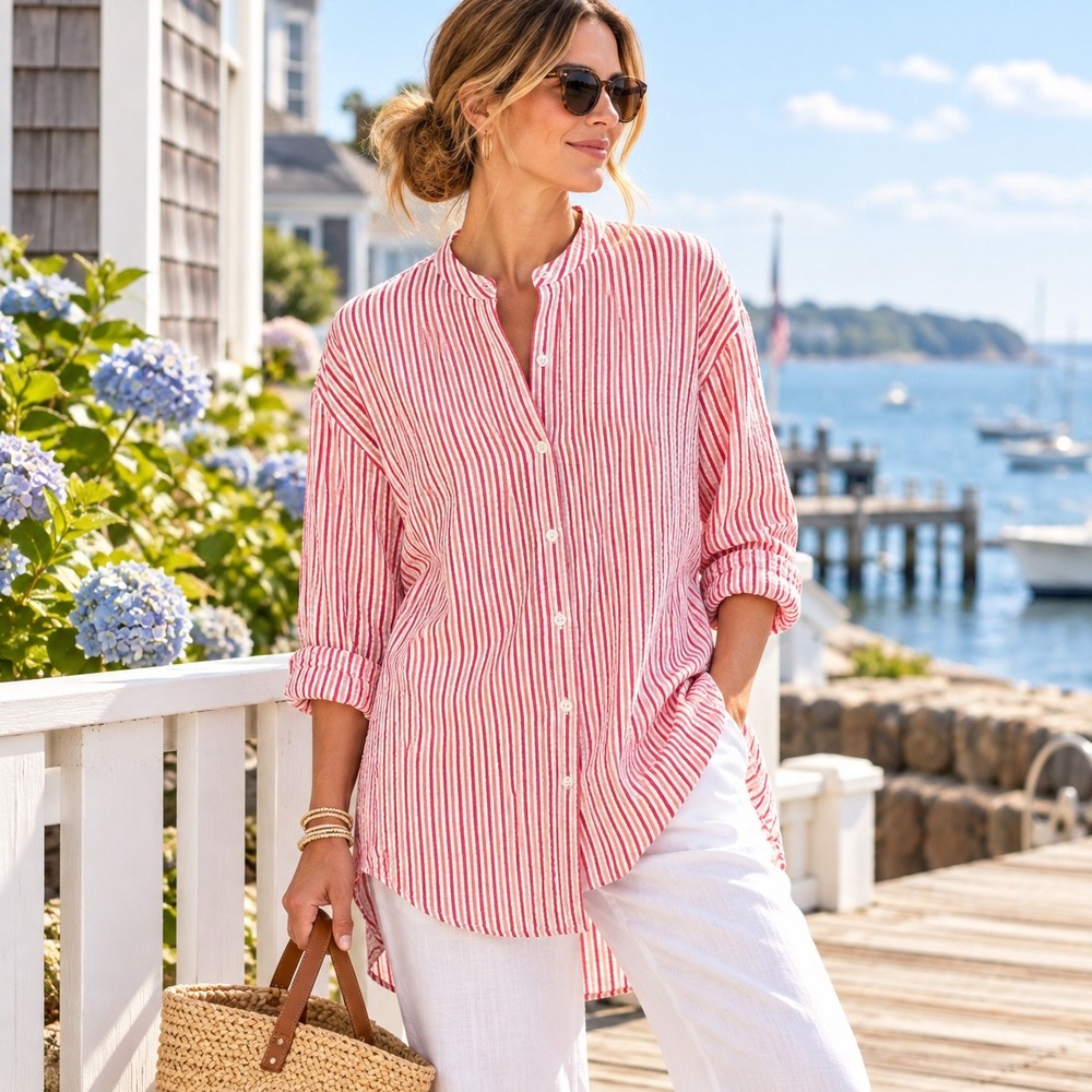 Tuckernuck Strawberry Stripe Seersucker Tunic Top XL Red White Coastal Preppy